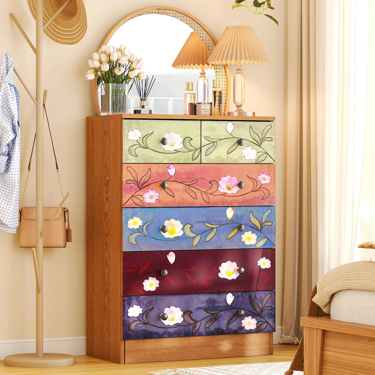 Ktaxon Wood 6 - Drawer Dresser Organizer for Bedroom Storage Tower for Entryway Hallway Closet, Tall Chest Organizer Unit with Wood Bins, Floral Painted Wooden