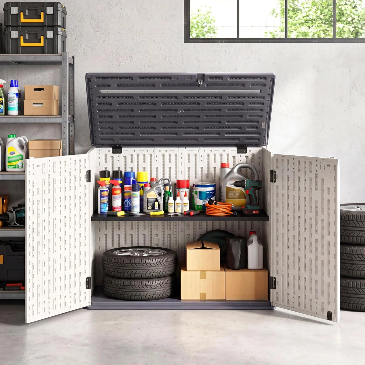 Tangkula Large Outdoor Storage Cabinet 20 Cu.Ft Horizontal Resin Storage Shed