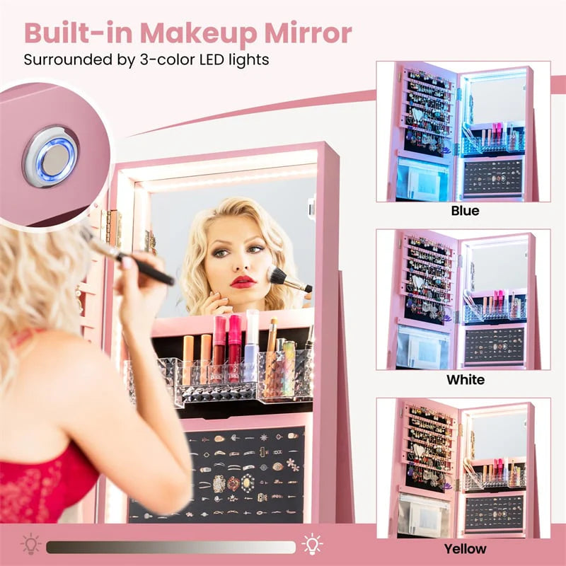 360° Swivel Jewelry Cabinet Armoire w/ Full Length Mirror 3-Color LED Lights & Rear Shelves, Lockable Standing Jewelry Storage Organizer