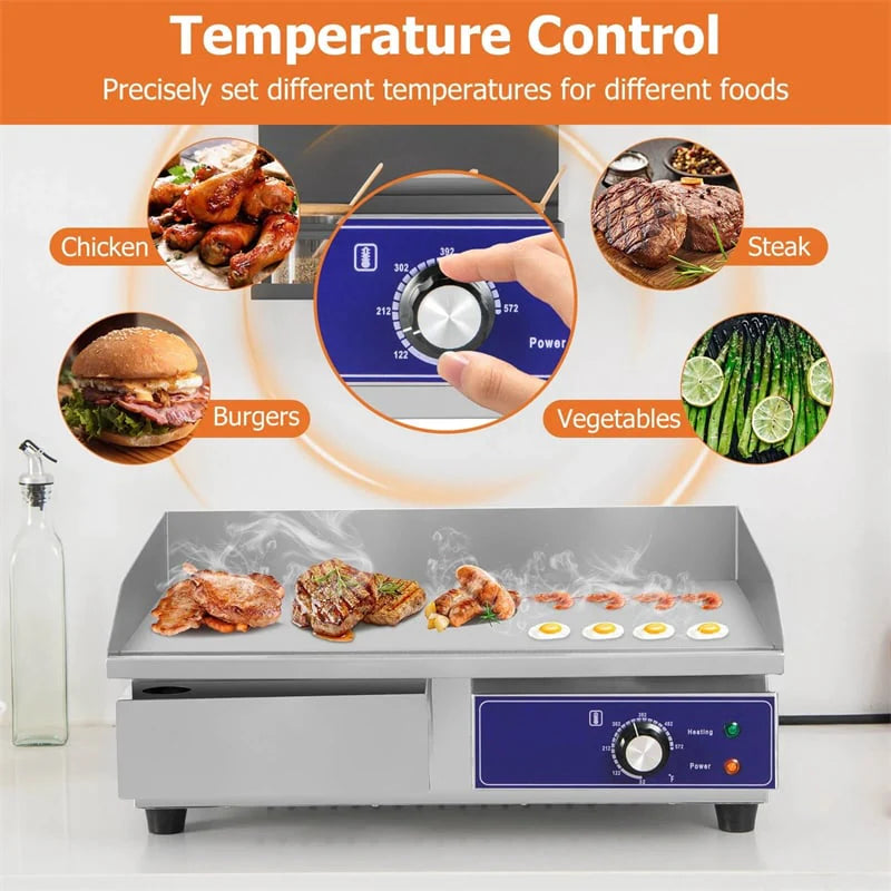 22" Commercial Electric Griddle 2000W, Stainless Steel Flat Top Grill w/ Cast Iron Plate & 122°F-572°F Adjustable Temp, Kitchen Countertop Teppanyaki