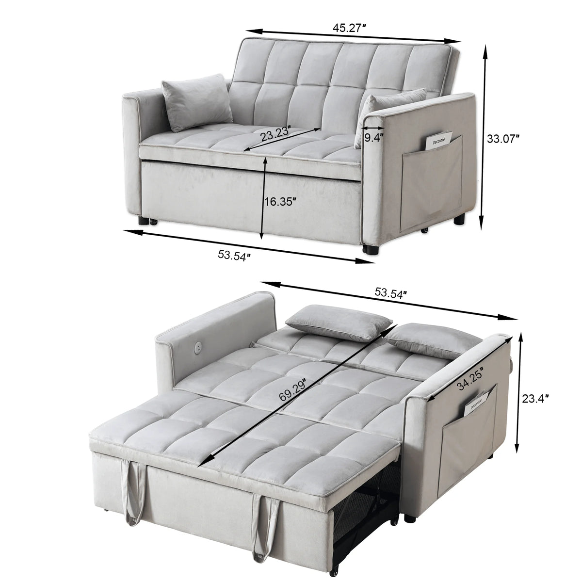 Velvet 3 - in - 1 Convertible Sofa Bed - USB Charging, Adjustable Backrest Pull - Out Couch Loveseat Sleeper for Living Room, Apartment & Small Space, Black