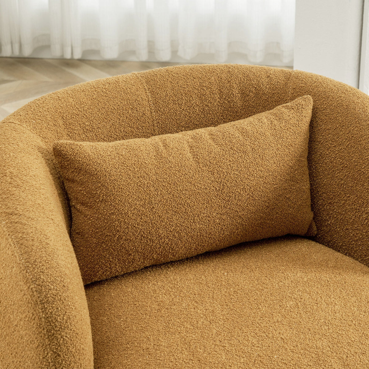 34" Wide Boucle Swivel Barrel Chair, No Assembly Round Upholstered Armchair Accent Chair Single Sofa Chair with Toss Pillow for Living Room and Bedroom, Taupe