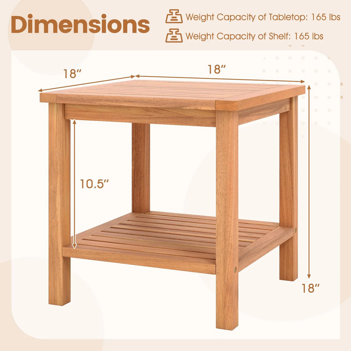 Tangkula 2 Tier Acacia Wood Square End Table with Slatted Tabletop & Storage Shelf