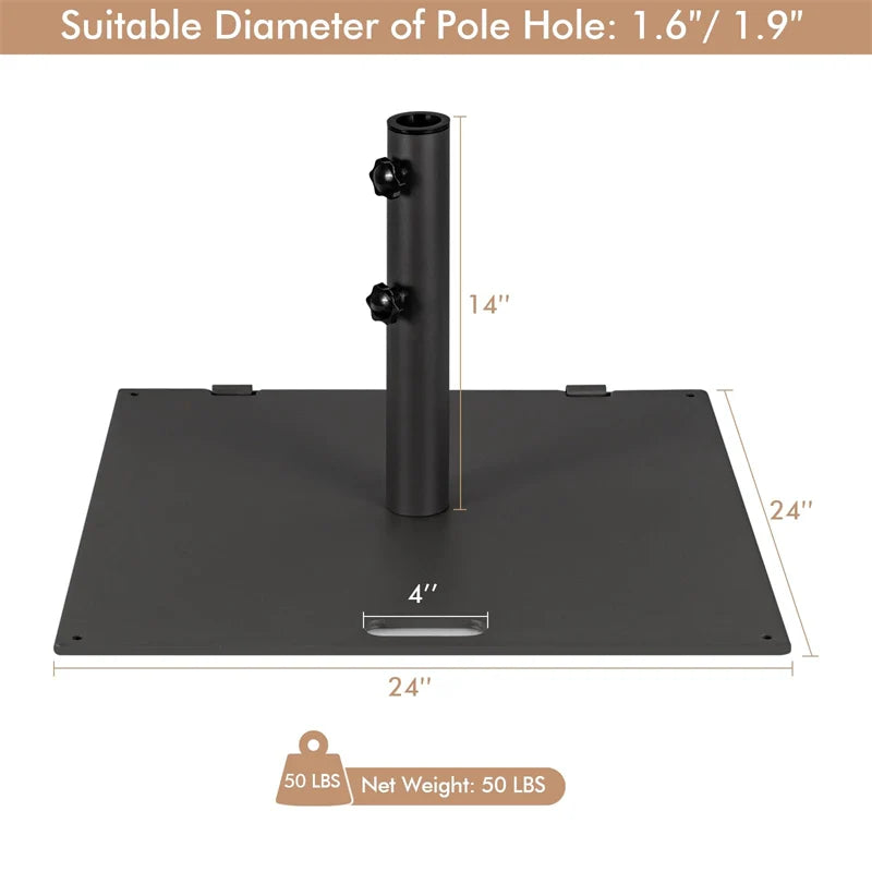 50 LBS Heavy Duty Patio Umbrella Base Stand, 24" Square Steel Outdoor Umbrella Weight with Wheels & 2 Tightening Knobs for Garden Deck Poolside