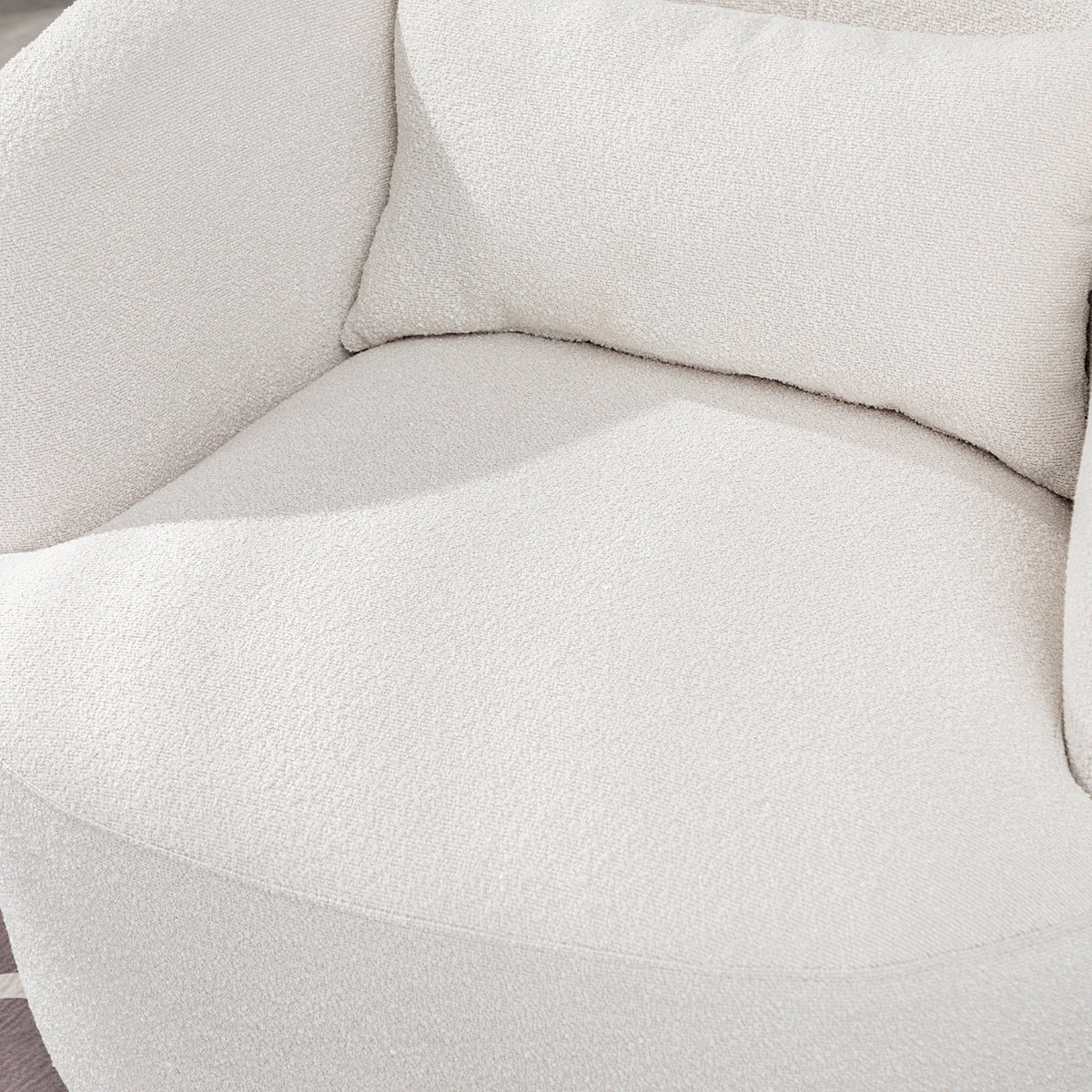 34" Wide Boucle Swivel Barrel Chair, No Assembly Round Upholstered Armchair Accent Chair Single Sofa Chair with Toss Pillow for Living Room and Bedroom, Taupe