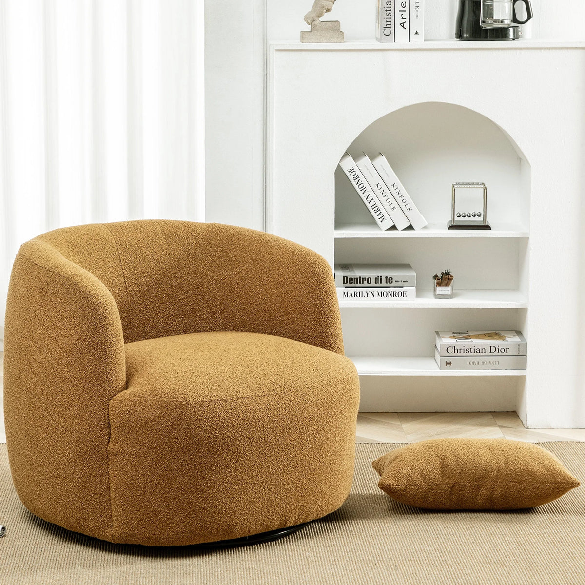 34" Wide Boucle Swivel Barrel Chair, No Assembly Round Upholstered Armchair Accent Chair Single Sofa Chair with Toss Pillow for Living Room and Bedroom, Taupe