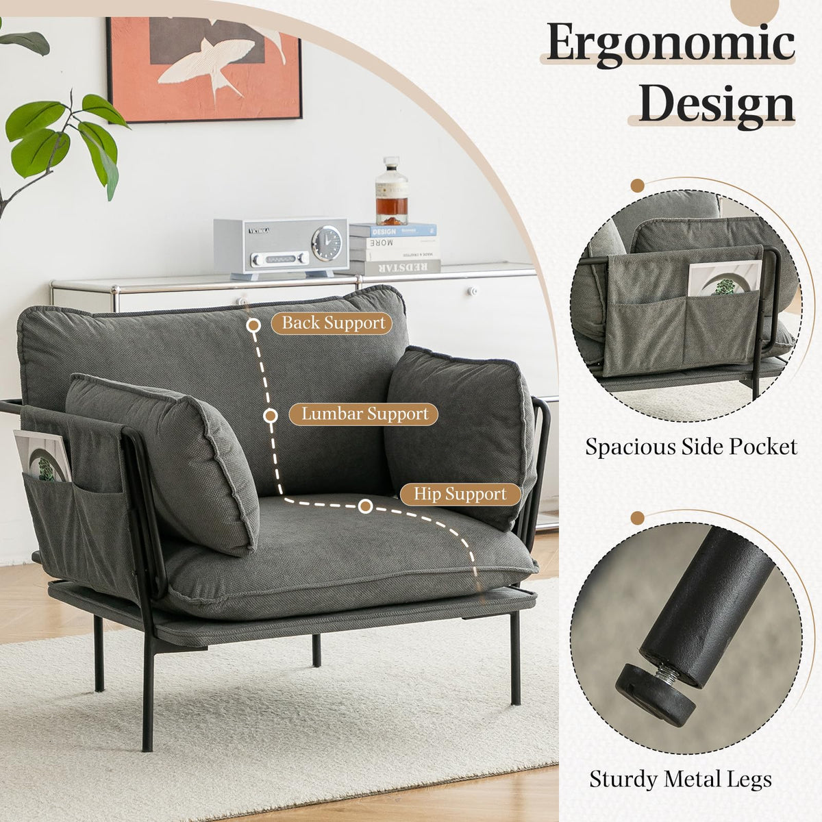 AECOJOY Modern Accent Chair Reading Chair with Pillow Upholstered Armchair for Adults
