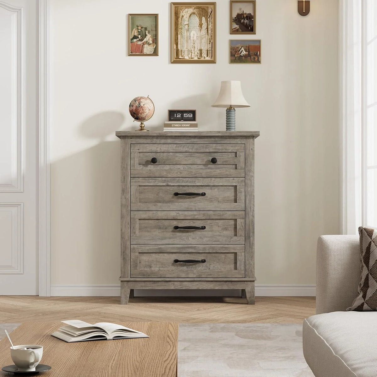 4 Drawer Dresser for Bedroom, 34.8" Tall Bedroom Dresser with Large Drawer& Black Handles, Wooden Storage Organizer Cabinet Chest of Drawer for Living Room, Hallway