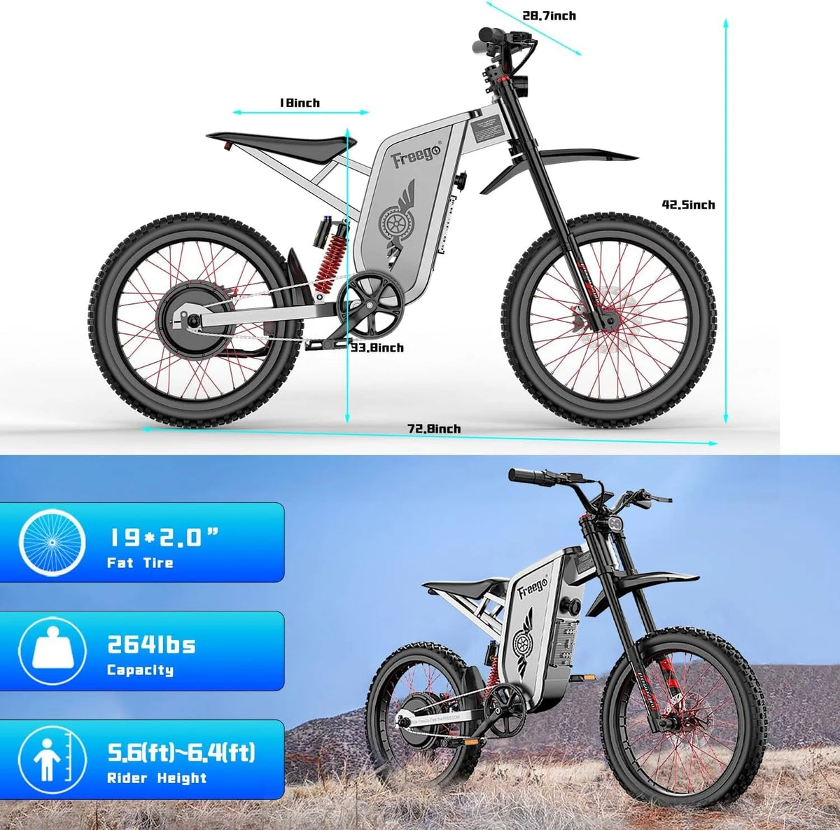 6000W(Peak) Motor 60V/30ah Battery Freego X2pro Electric Motorcycle for Adults, Electric Bike, 50MPH/7 Speed Off Road Electric Bicycle, 19x2 Full Suspension/Four - Piston Hydraulic Brake UL2849MTB