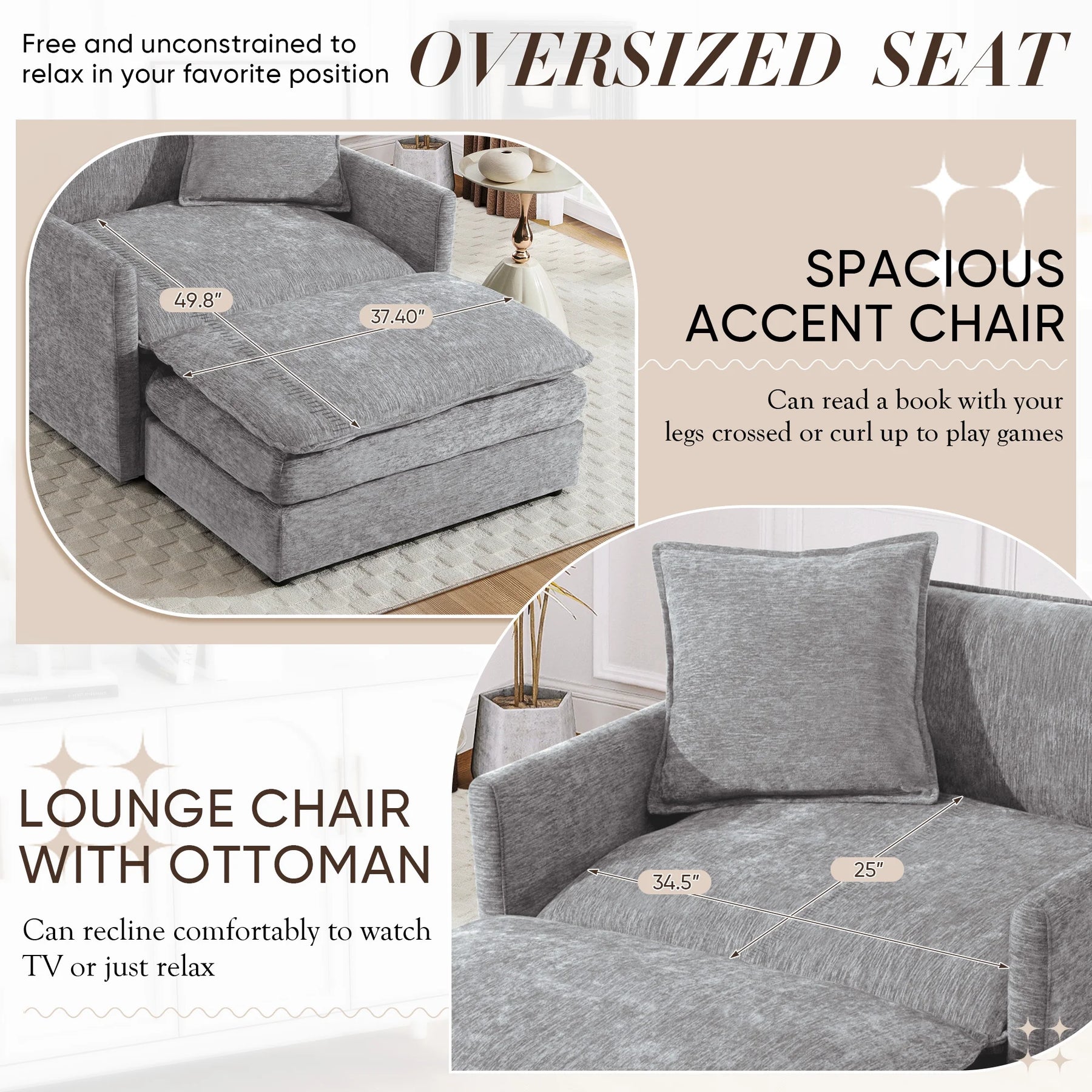 Muumblus Oversized Lounge Chair with Ottoman, Cloud Accent Armchair for Living Room, Beige Chenille