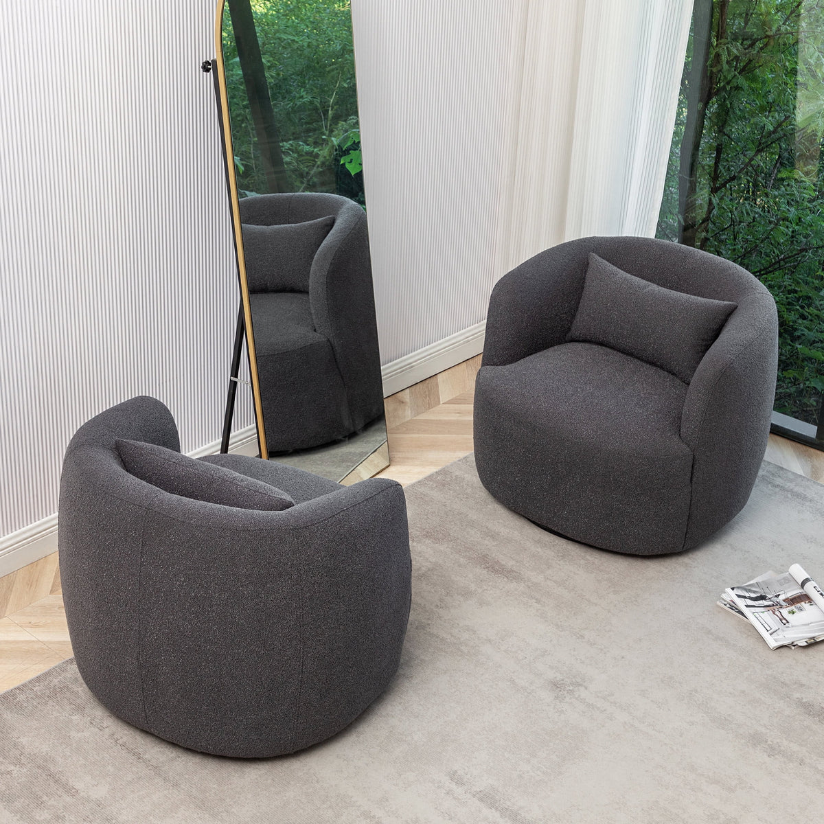 34" Wide Boucle Swivel Barrel Chair, No Assembly Round Upholstered Armchair Accent Chair Single Sofa Chair with Toss Pillow for Living Room and Bedroom, Taupe