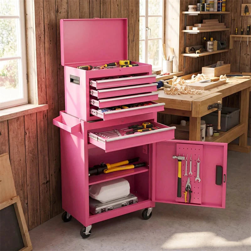 2-in-1 Rolling Tool Chest, 5-Drawer Tool Storage Cabinet with Wheels, Adjustable Shelf, Tool Box Organizer for Garage Warehouse Workshop