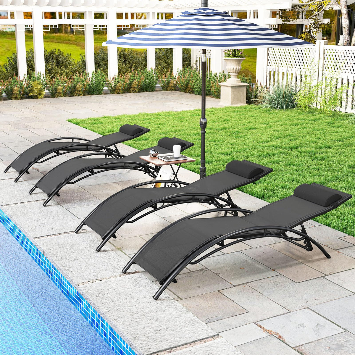 Tangkula Patio Chaise Lounges with 5-Position Backrest-Black