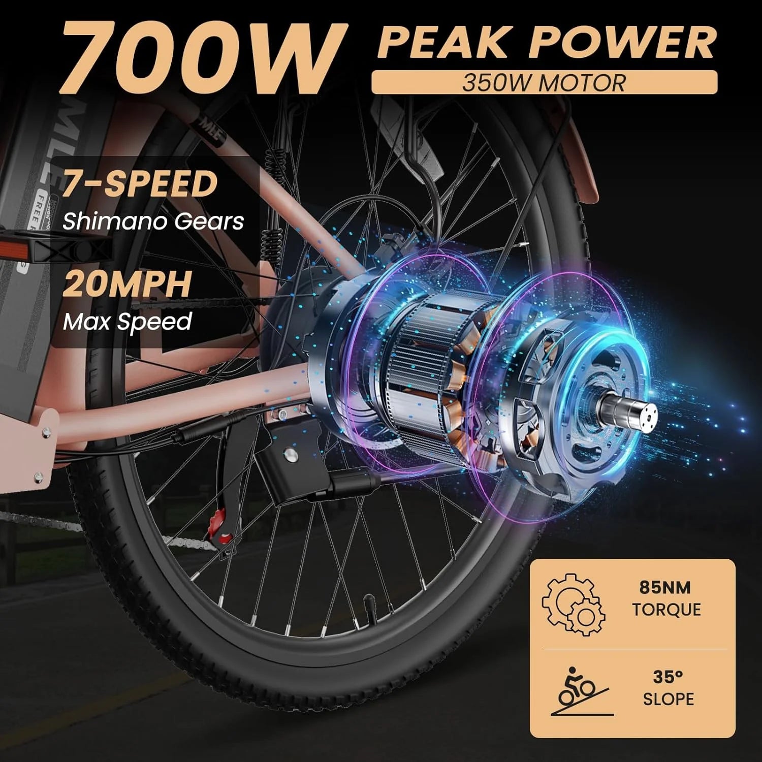 MOONCOOL Electric Bicycle for Adults 350W, 7 - Speed Ebike with 36V 10.4ah Removable Battery， 40 Miles Range, 20 Mph Electric Commuter Bike for Women Men, Certified to UL 2849 by SGS
