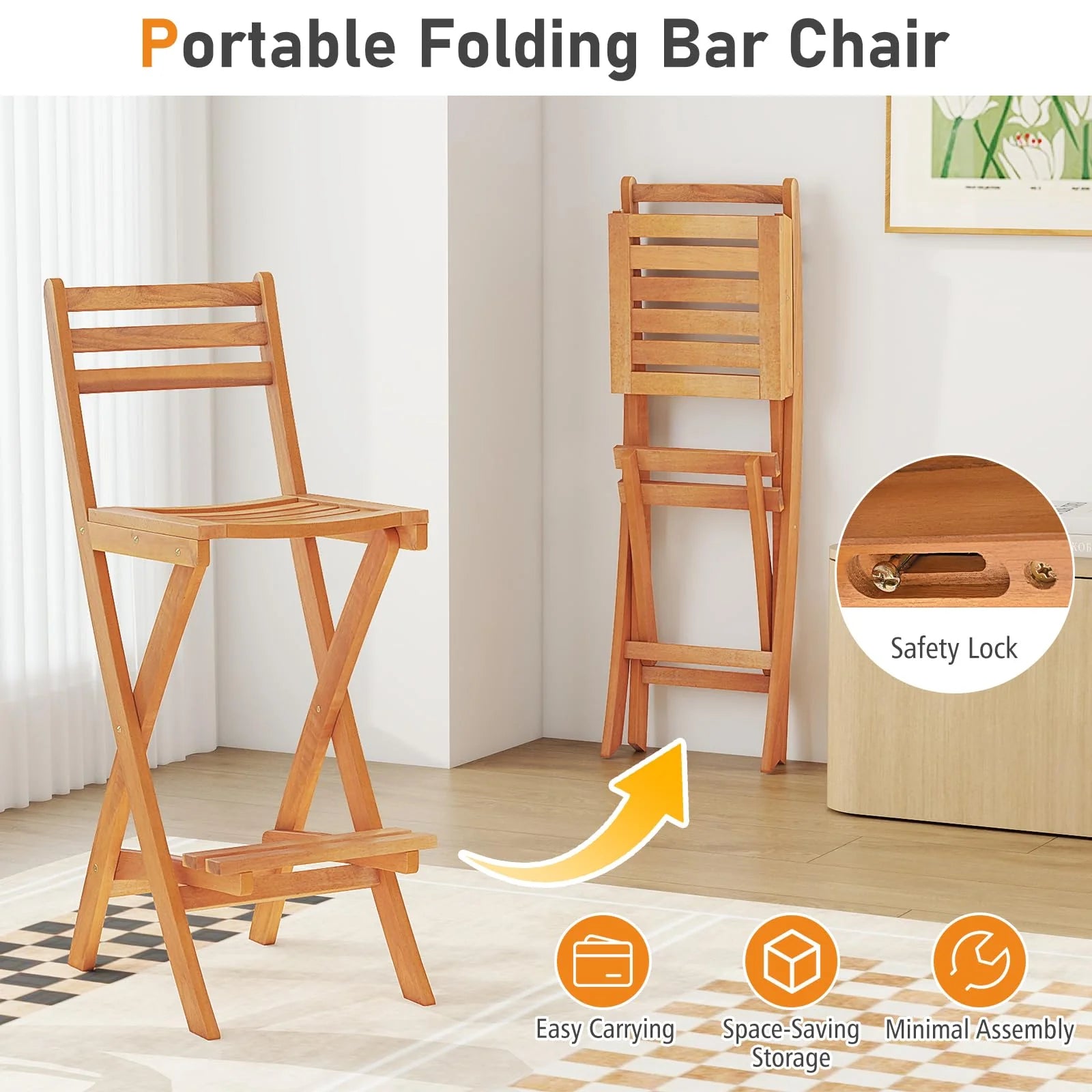 Tangkula Outdoor Portable High Top Acacia Wood Bar Height Chair with Backrest & Footrest
