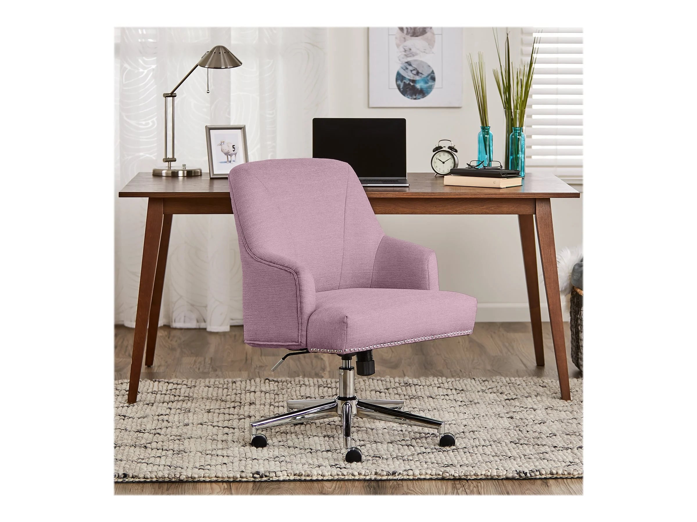 Serta Leighton Home Office Desk Chair Chrome Nailheads Twill Fabric Lilac Purple