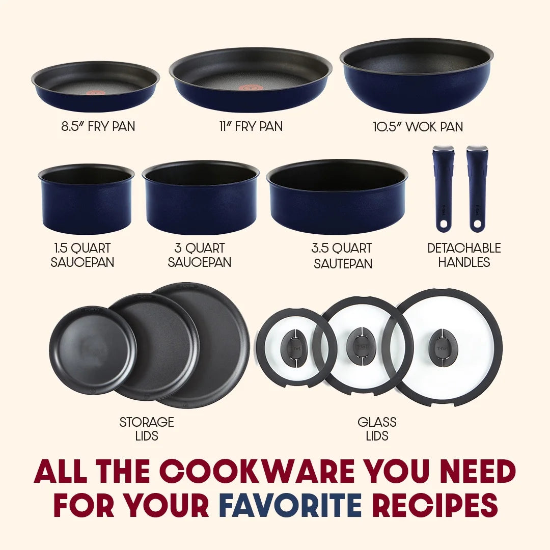 T - Fal Ingenio Expertise Nonstick 14 - Piece Cookware Set, Induction Oven Safe up to 500F, Detachable Handle, Onyx Black