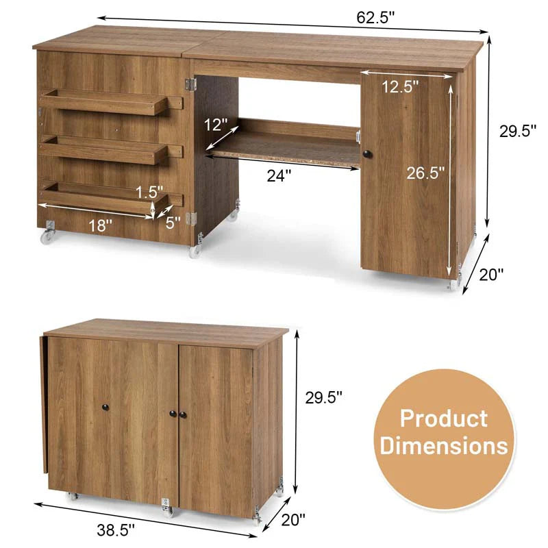 62.5" Folding Sewing Table Rolling Craft Station with Storage Cabinet & Shelves, Foldable Sewing Machine Desk w/ Lockable Wheels for Home