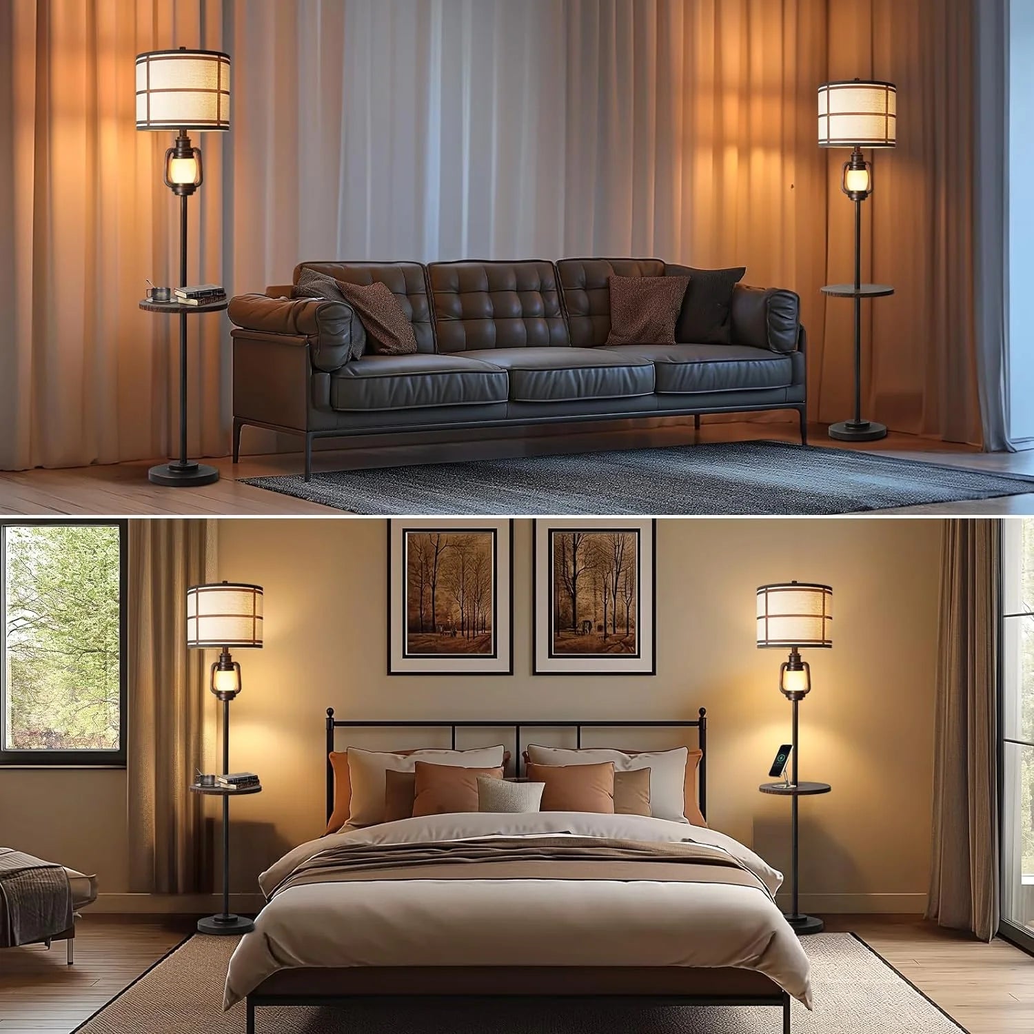 Farmhouse Metal Tray Floor Lamp for Living Room with Nightlight Vintage Tall Lamp with Linen Fabric Shade Industrial Standing Lamp for Bedroom Office Home House Study (Bulb Included)