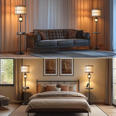 Farmhouse Metal Tray Floor Lamp for Living Room with Nightlight Vintage Tall Lamp with Linen Fabric Shade Industrial Standing Lamp for Bedroom Office Home House Study (Bulb Included)
