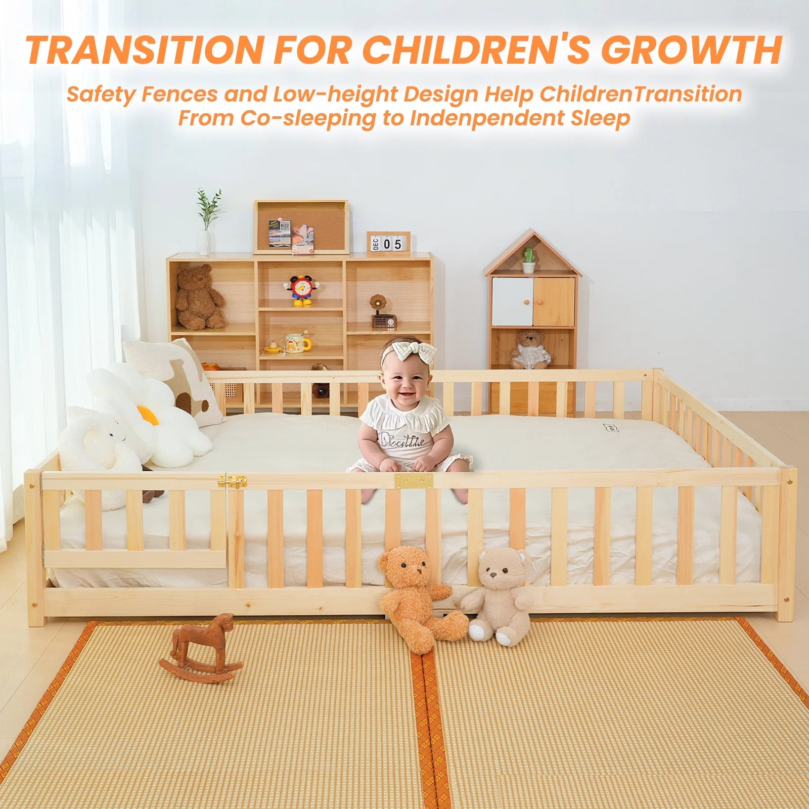 Slsy Twin Size Toddler Floor Bed, Solid Wood Montessori Bed Frame with Fence & Door Montessori Floor Bed Crib with Safety Guardrails for Girls and Boys