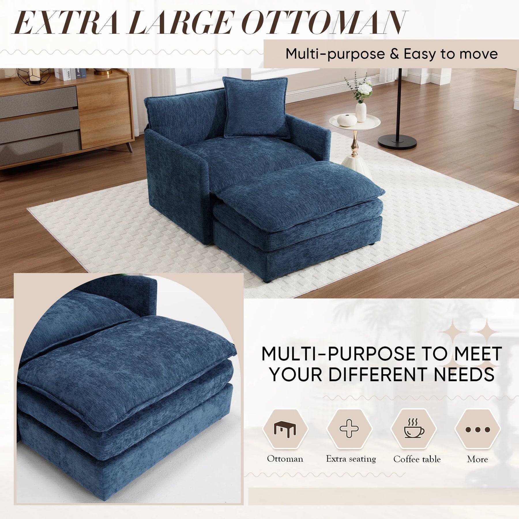 Muumblus Oversized Lounge Chair with Ottoman, Cloud Accent Armchair for Living Room, Beige Chenille