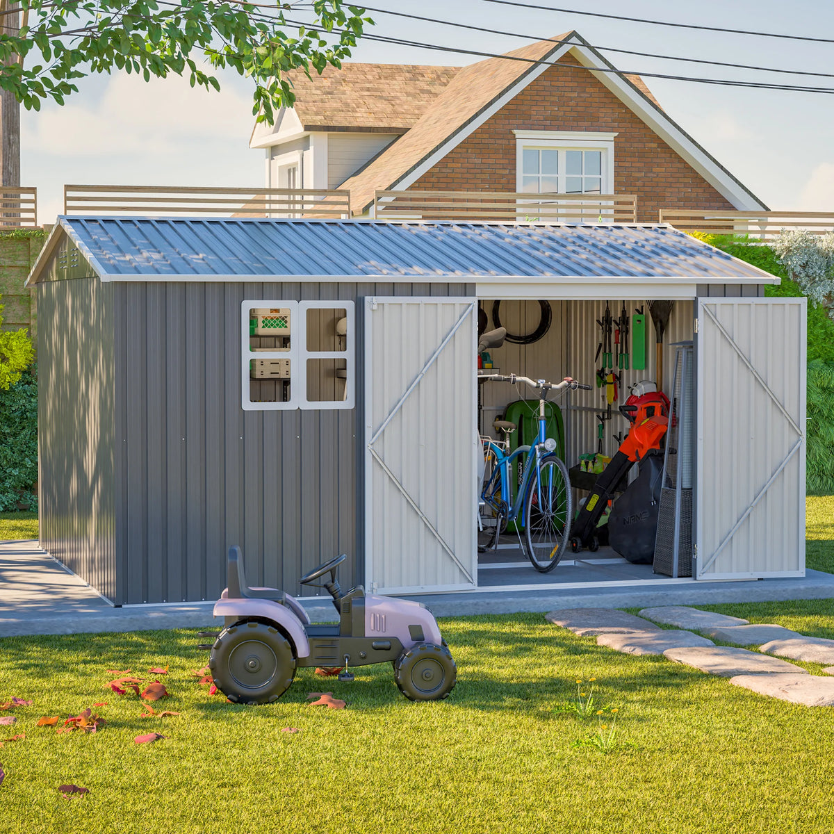 AECOJOY 12x10 FT Outdoor Storage Shed Metal, Large Garden Tool Sheds, Waterproof Steel Utility Storage Building