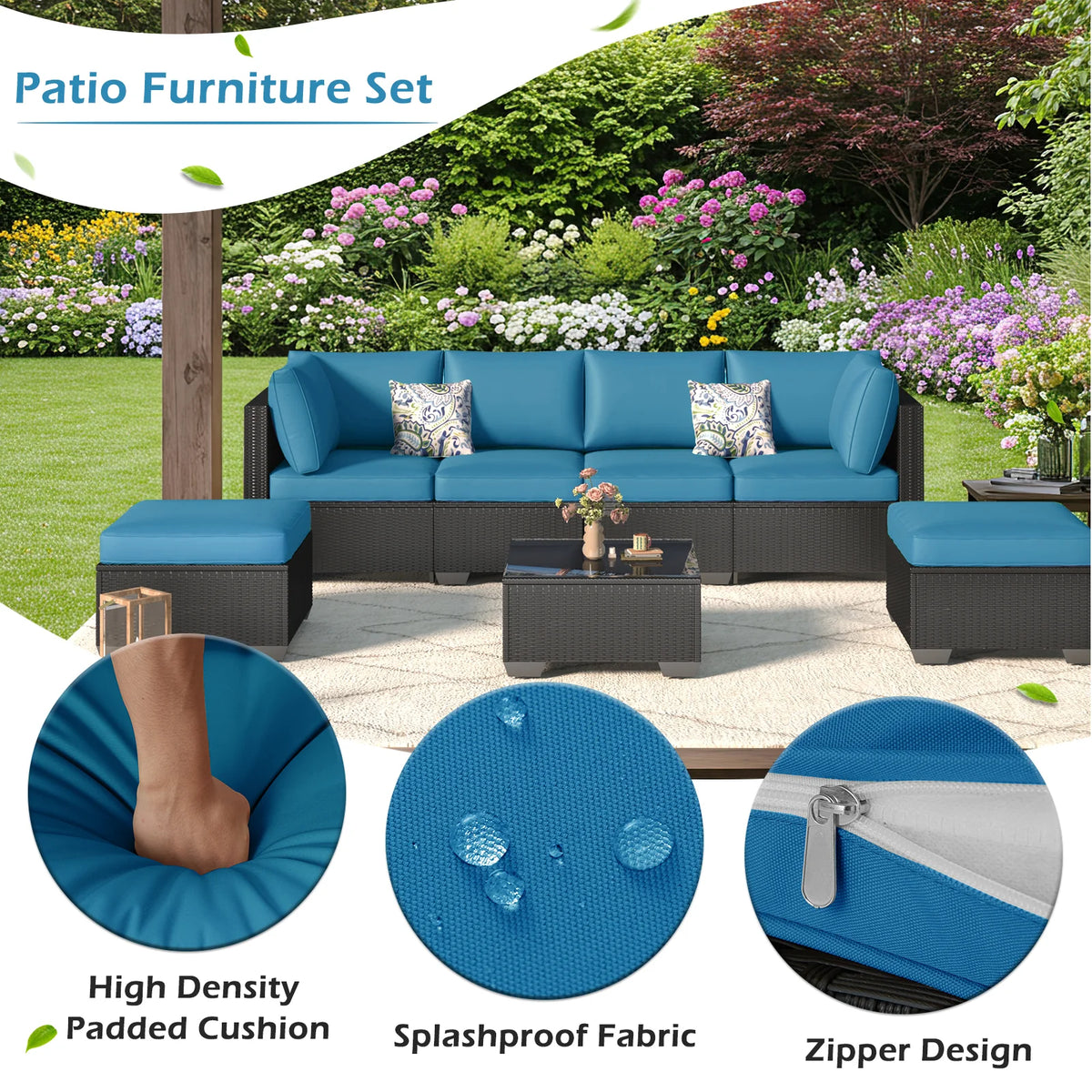 AECOJOY 7 Piece Outdoor Patio Furniture Set, Black& Peacock Blue