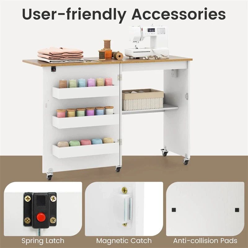 Folding Sewing Table with Charging Station, Rolling Craft Table w/ 3 Storage Trays & Shelf, Mobile Sewing Machine Cabinet for Small Spaces