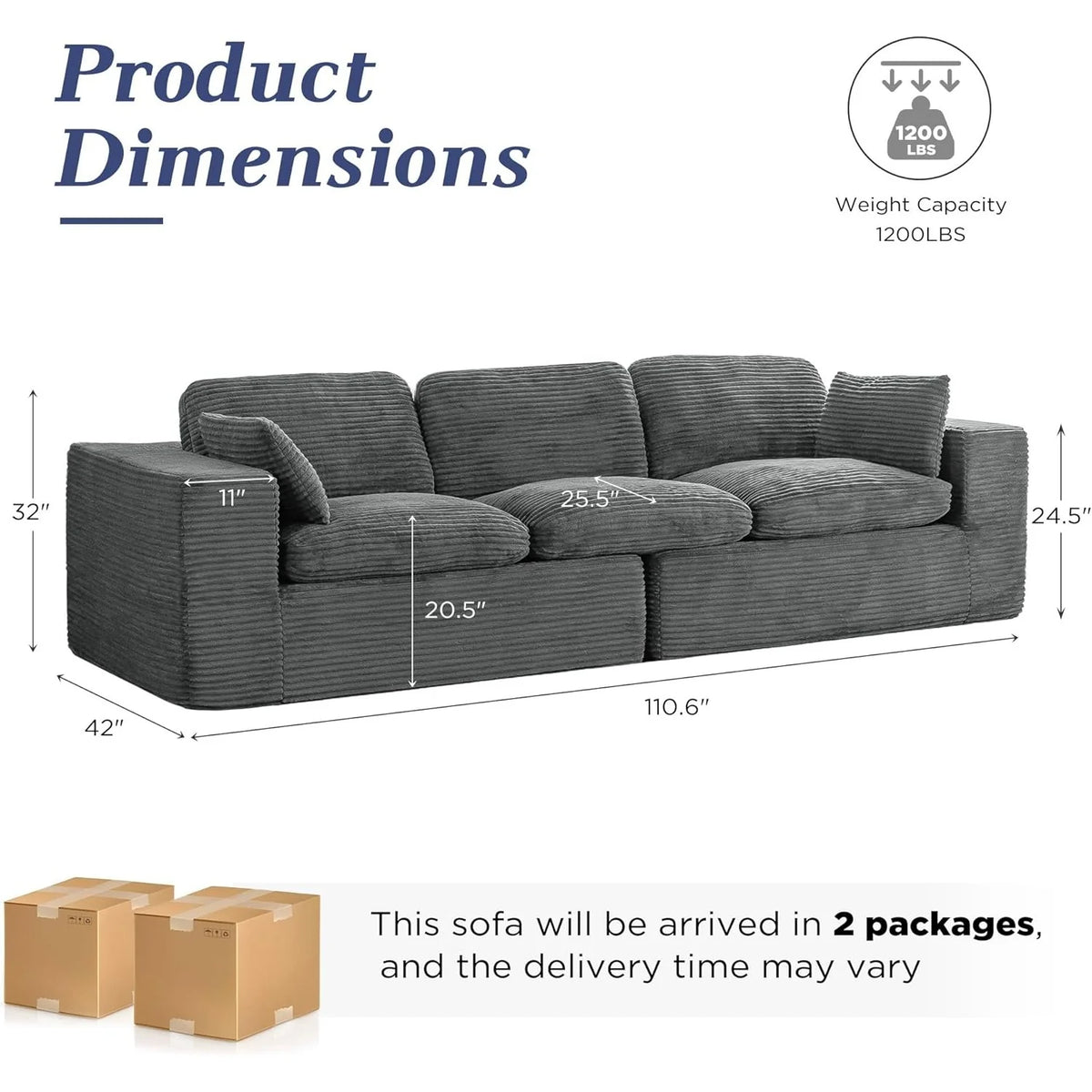 AECOJOY 110" Oversized Sofa for Living Room, 3 Seater Cloud Boneless Couch with Fluffy Seat Cushions