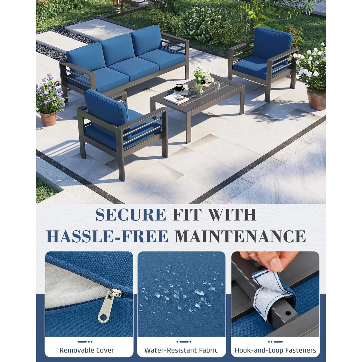 AECOJOY Aluminum Patio Furniture Set, 4 Pieces Outdoor Sectional Sofa Set, Blue