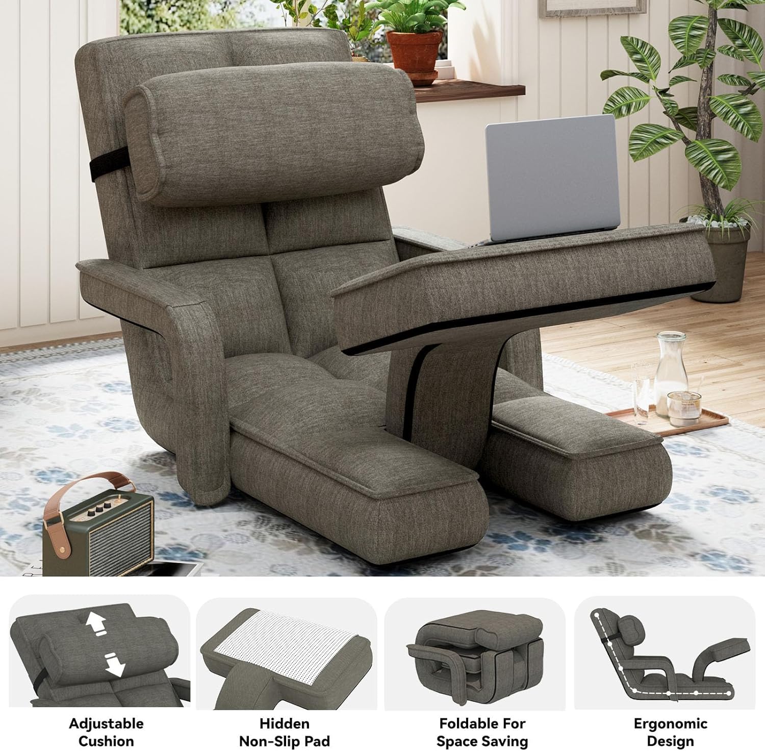 AECOJOY Floor Chair, Padded Folding Gaming Chair with 14-Level Adjustable Backrest, Portable Lazy Sofa