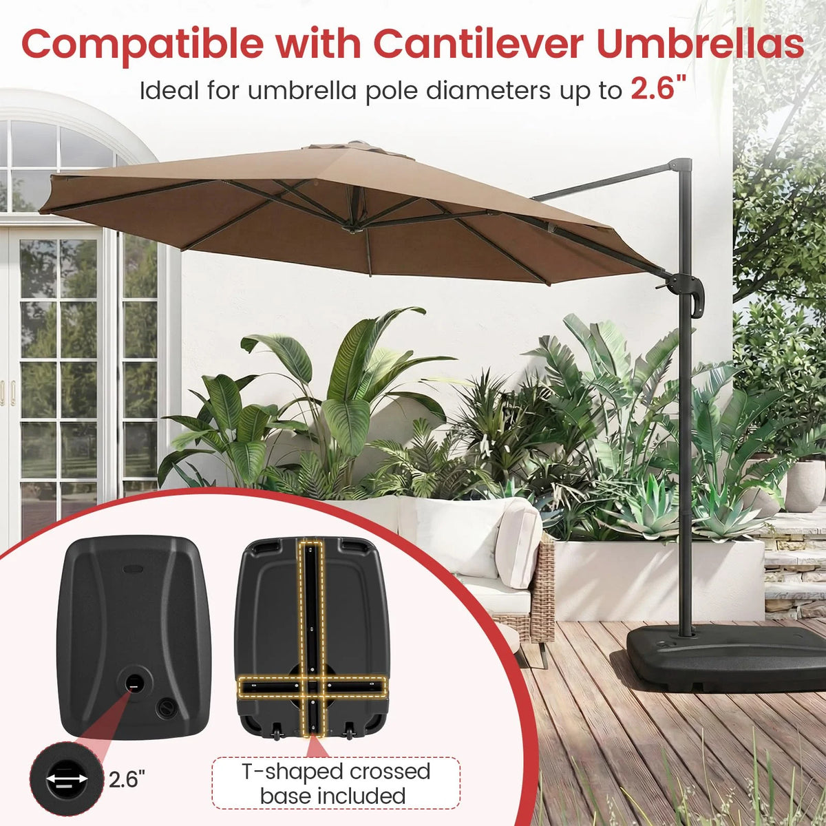 225 LBS Cantilever Patio Umbrella Base with Wheels and Crossed Base
