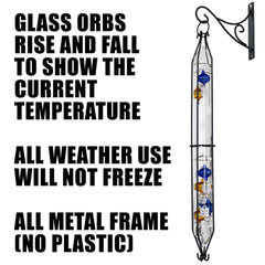Glassic Gifts Outdoor Hanging Galileo Thermometer, Colored Glass Orbs with Free Bracket