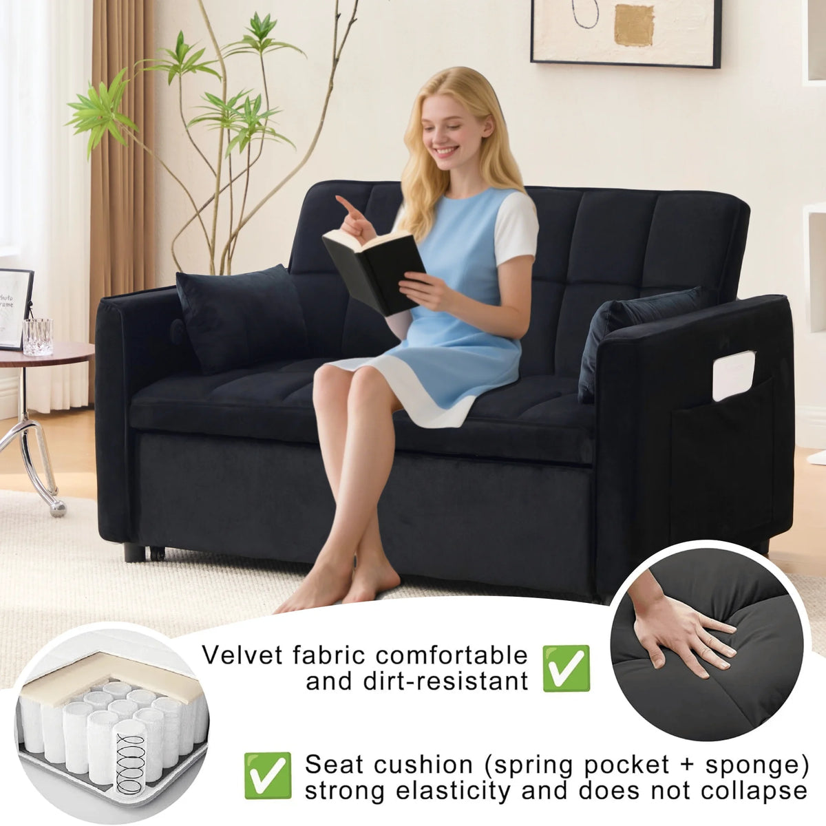 Velvet 3 - in - 1 Convertible Sofa Bed - USB Charging, Adjustable Backrest Pull - Out Couch Loveseat Sleeper for Living Room, Apartment & Small Space, Black