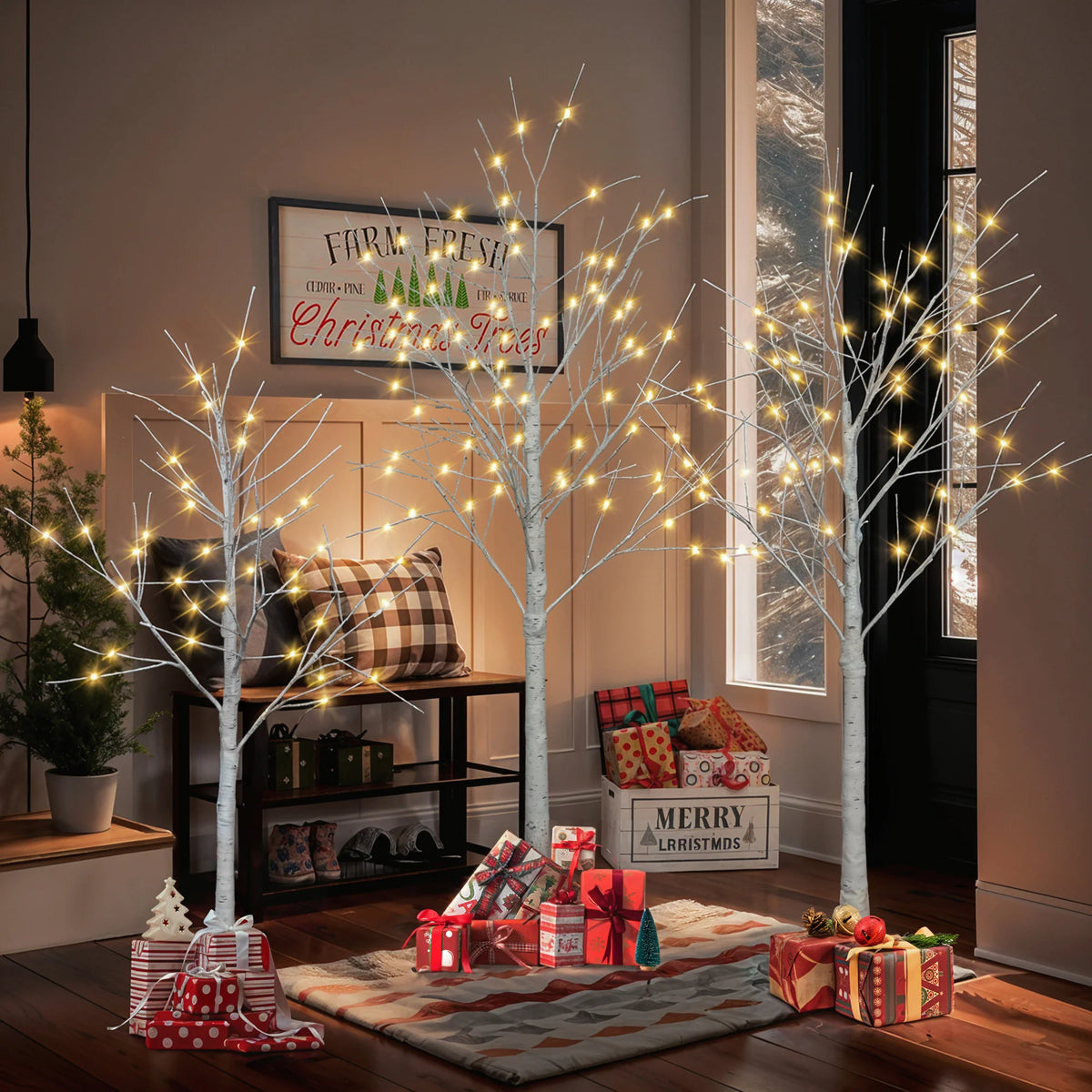 AECOJOY Set of Lighted Birch Tree, 4FT/5FT/6FT LED Artificial Tree with Warm White Lights, Christmas Tree for Decoration