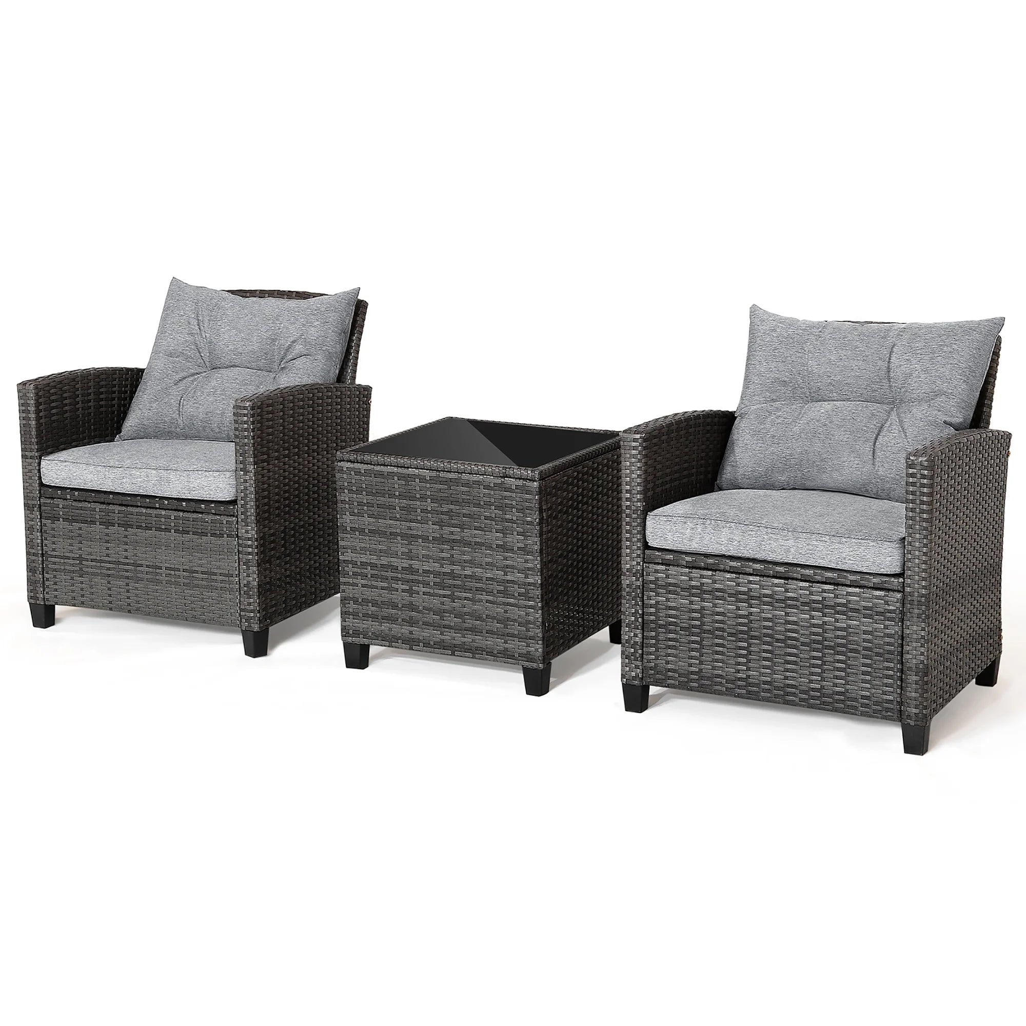 Gymax 3PCS Patio Rattan Sofa Set Outdoor Wicker Conversation Set Glass Tabletop W/ Grey Cushion