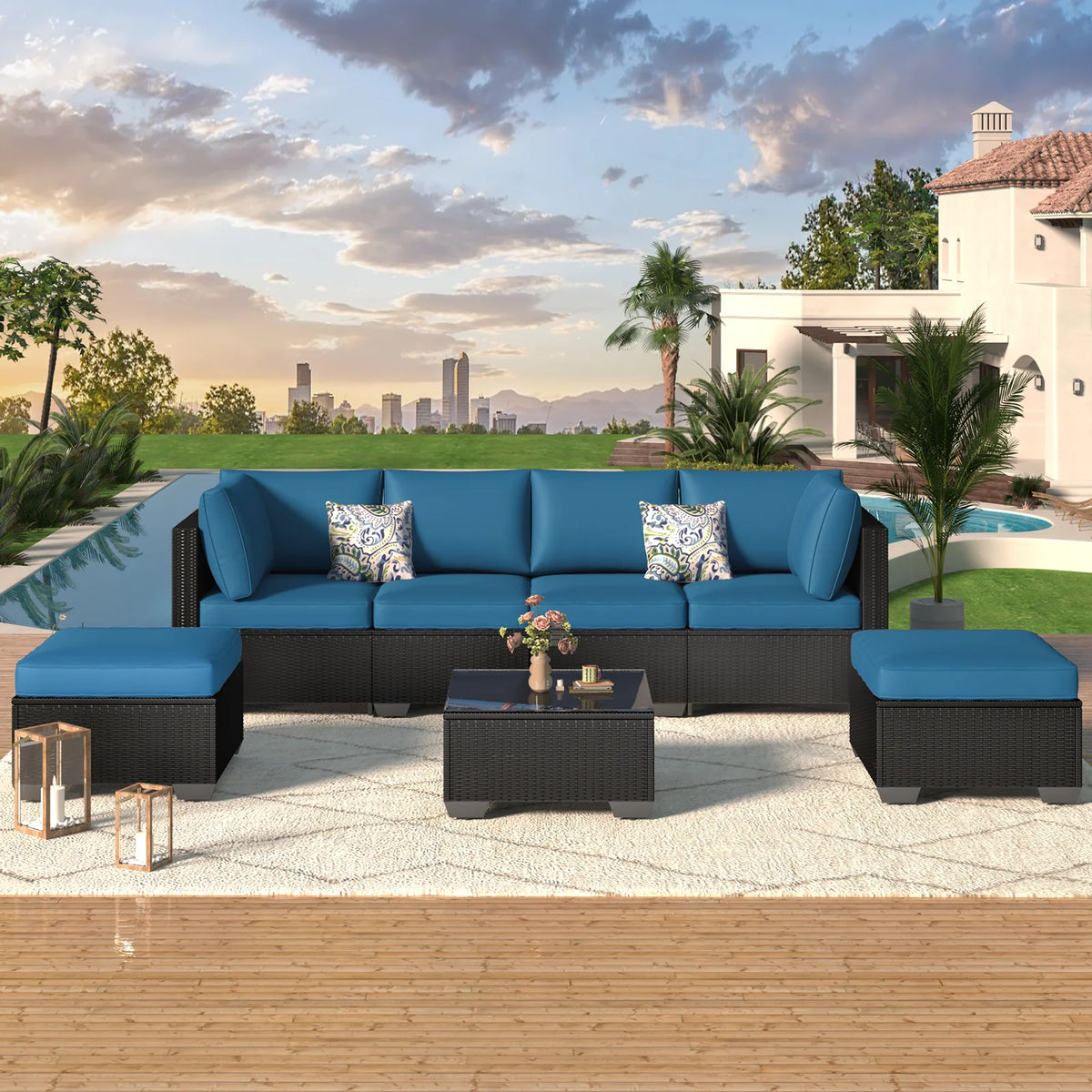 AECOJOY 7 Piece Outdoor Patio Furniture Set, Black& Peacock Blue