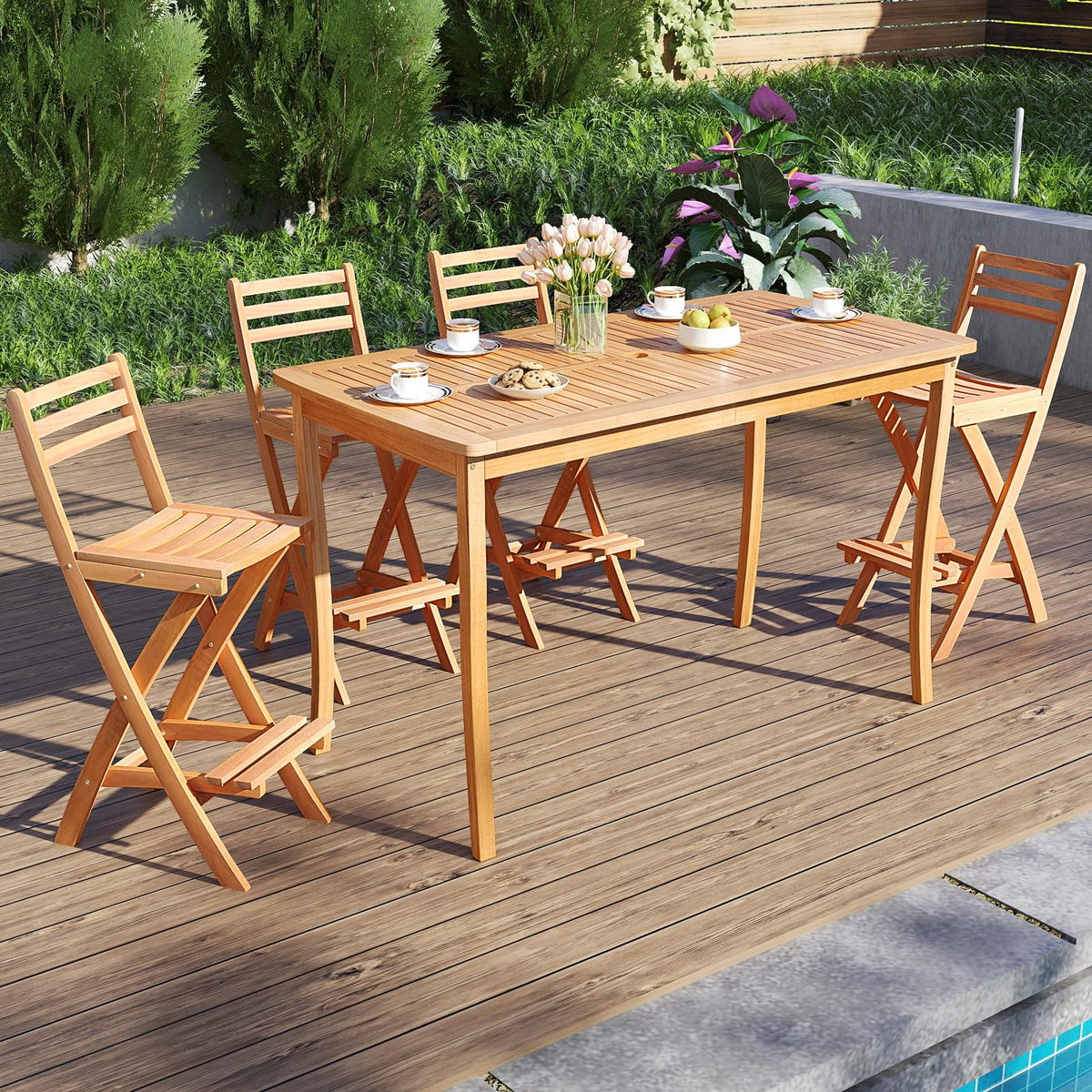 Tangkula Outdoor Portable High Top Acacia Wood Bar Height Chair with Backrest & Footrest