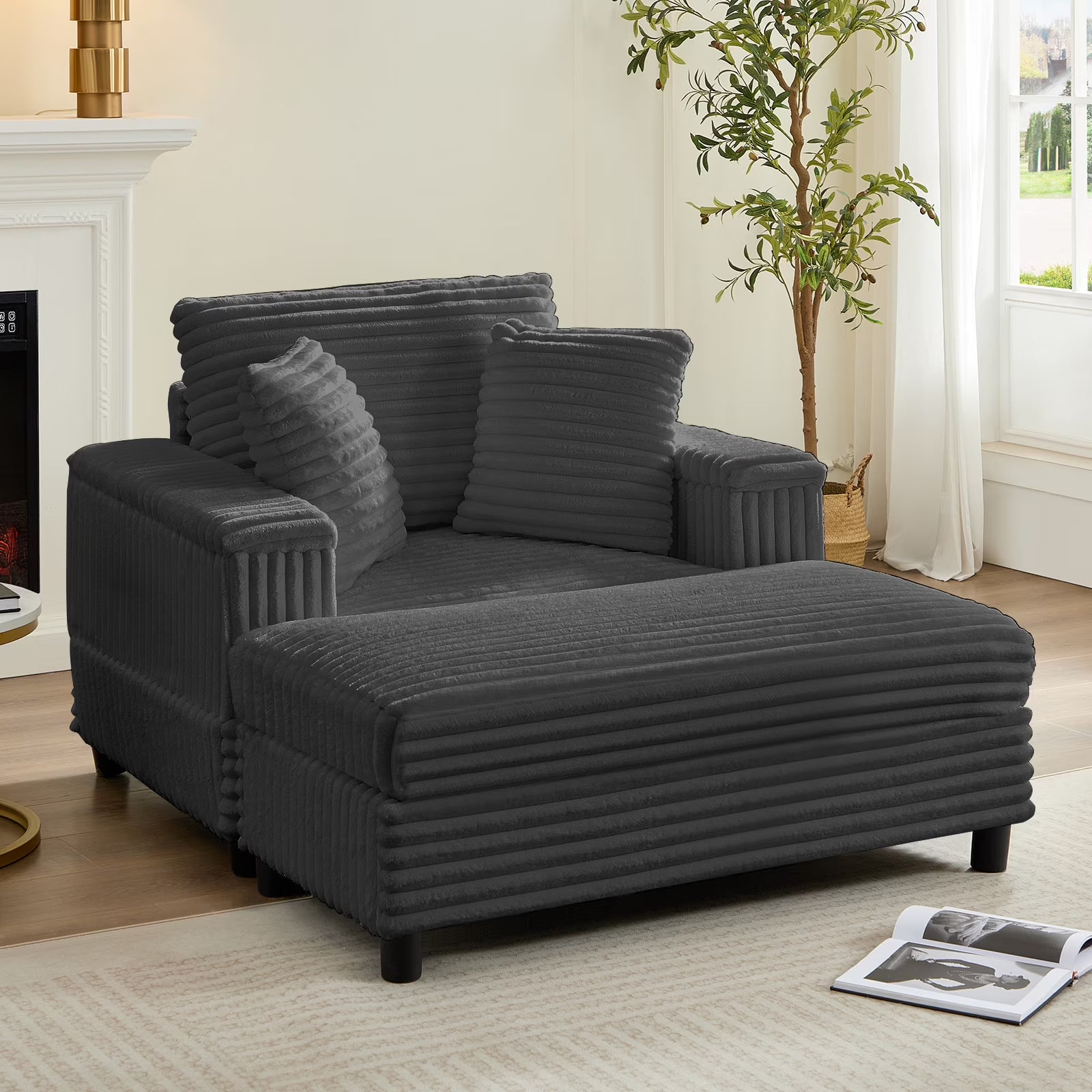 ZAFLY 44" Modern Corduroy Accent Armchair with Storage Ottoman for Living Room, Black