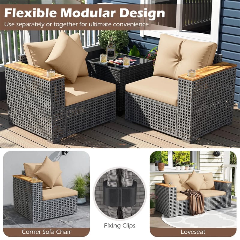 62.5" Patio Wicker Loveseat w/ Acacia Wood Armrests & Cup Holders, 2PCS Modular Rattan Corner Sectional Sofa w/ Cushions & Pillows for Backyard
