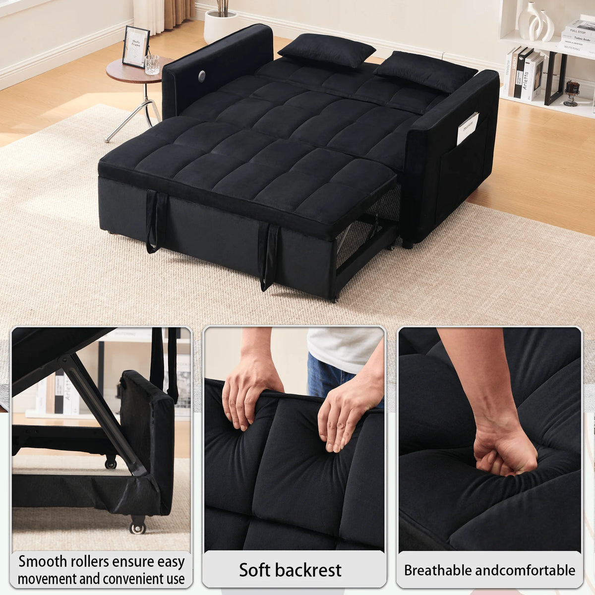 Velvet 3 - in - 1 Convertible Sofa Bed - USB Charging, Adjustable Backrest Pull - Out Couch Loveseat Sleeper for Living Room, Apartment & Small Space, Black