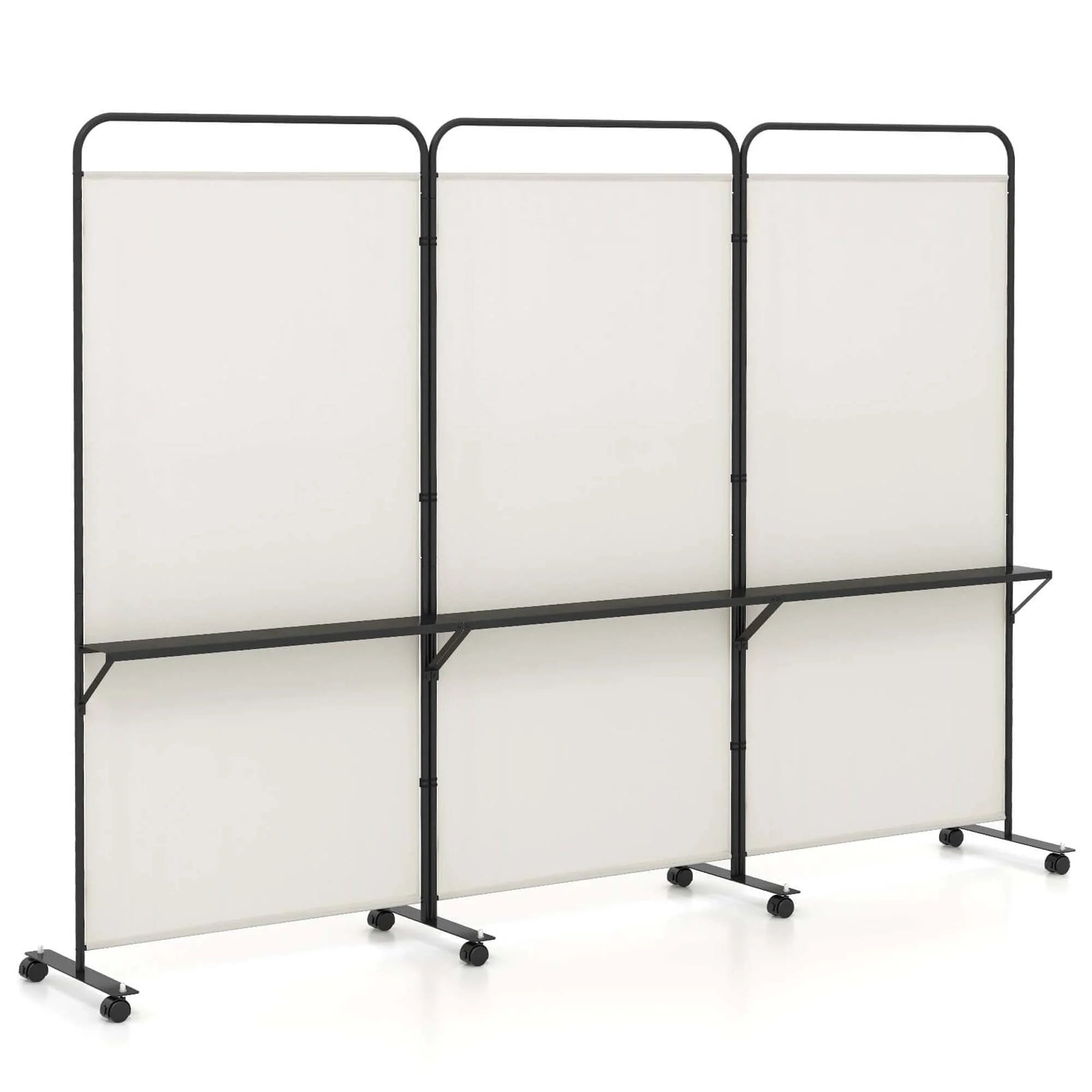 Costway 3 - Panel Room Divider with Storage Shelves 6FT Tall Folding Privacy Screen on Wheels Black