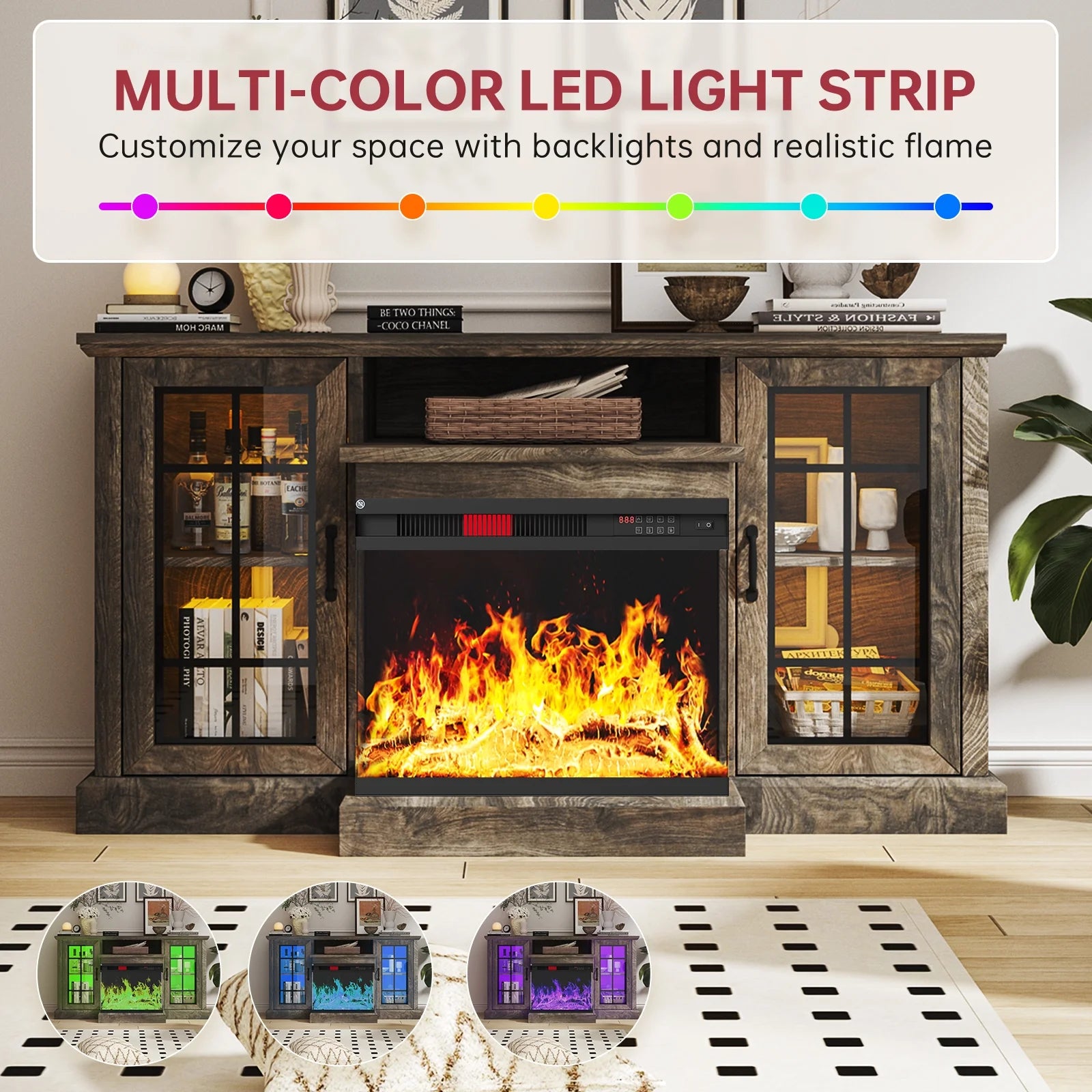 Easoger Fireplace TV Stand for Tvs up to 65", 12 Flame Colors&12 LED Light Colors, TV Console with 3-Sided Glass Fireplace, for Living Room, Gray