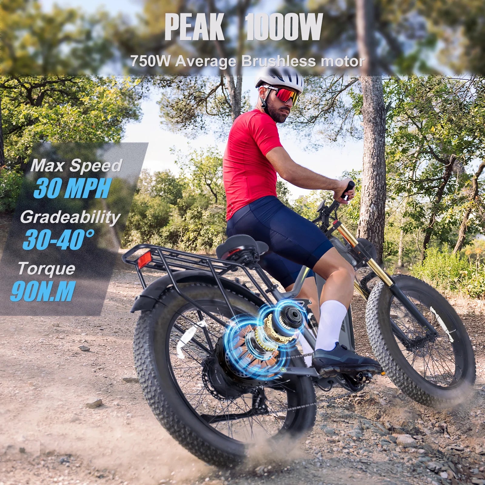 Electric Bike for Adults 26'', 1000W E - Mountain Bike 48V 30/20ah UL2849 Removable Battery, Fat Tire Ebike up to 30MPH Off Road Beach Snow Electric Bicycles Full Suspension & Dual Hydraulic Disc Brakes