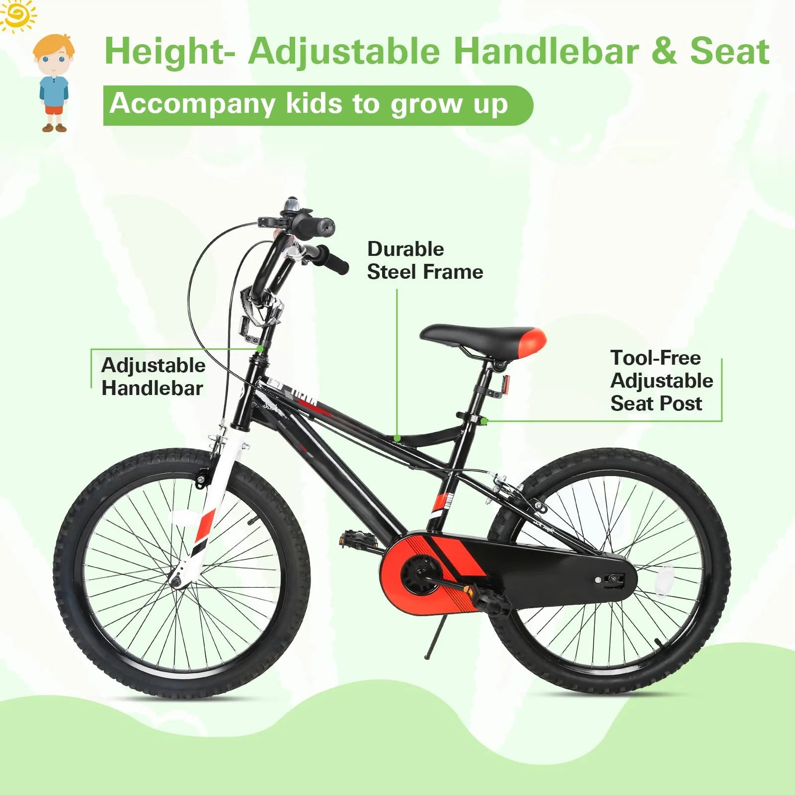 Kids Bike Boy Bicycle 20 in for Children Age 6 - 12 Years Old Height 48 - 60 in Toddler Cycling Dual Hand Brakes Black Sport Outdoor Bikes