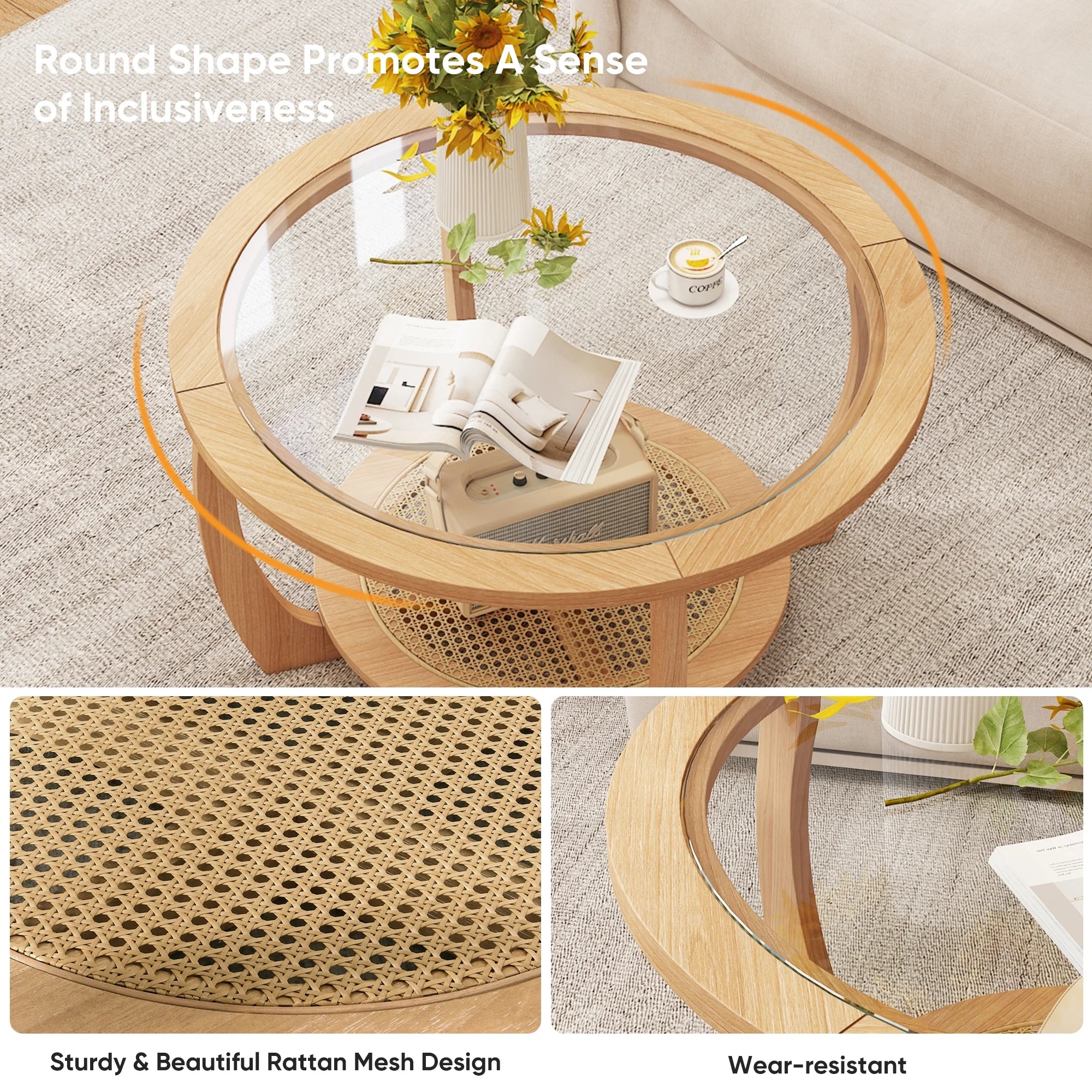 Round Wood Coffee Table with Glass Rattan Top, Wooden Circle Center Table with Curved Legs & Removeable Tempered Glasstop, Cocktail Table for Living Room, Light Brown 32.28" x 18.15"