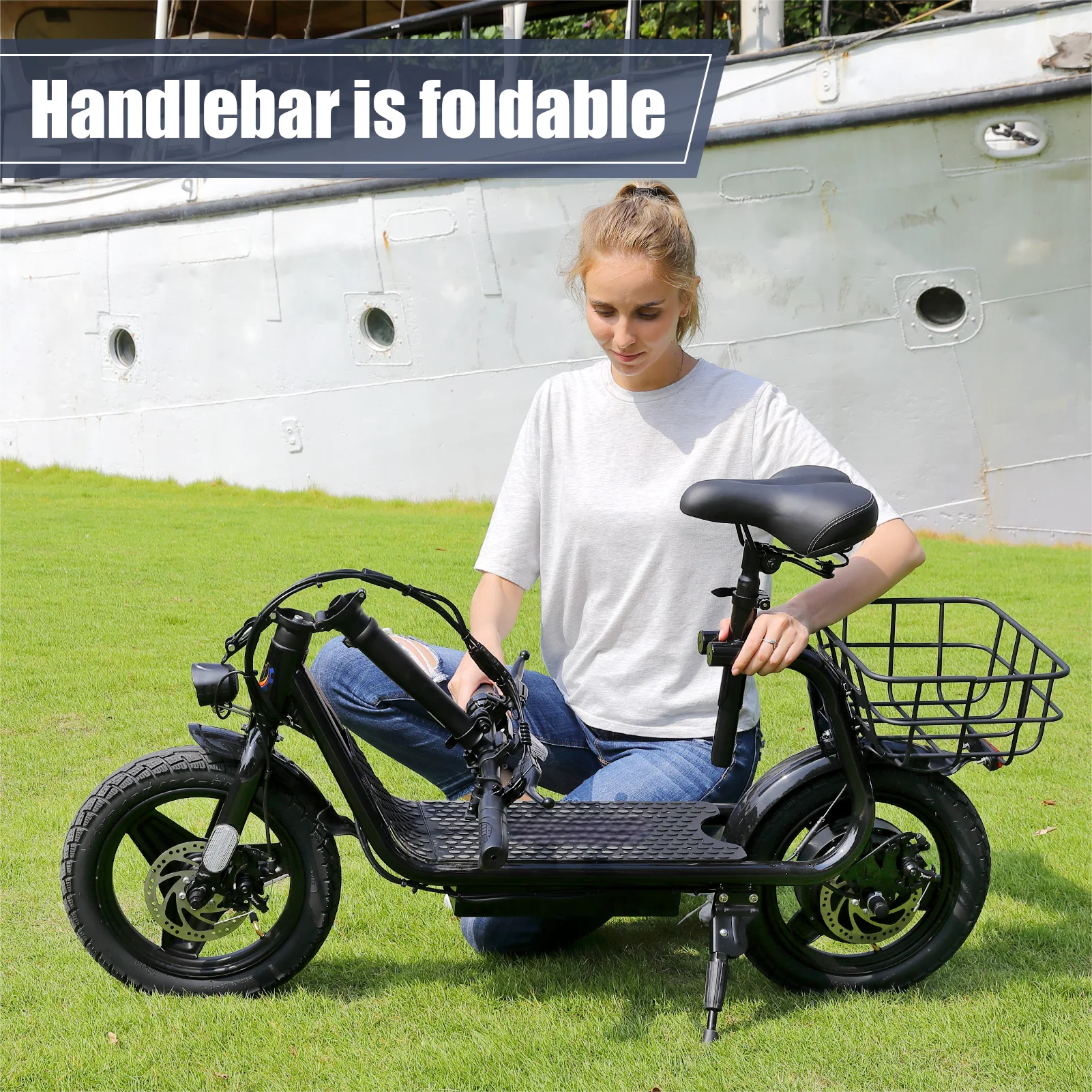 SANOPY 350W Electric Scooter with Seat for Adults, 15 Miles Range 20 Mph, 36V 5.2ah Battery Moped, 14" Big Tire Commuter Electric Bike with Shock Absorbing, Black