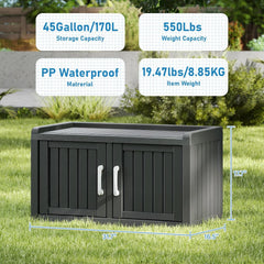 KAMABOKO Outdoor Shoe Storage Cabinet, Waterproof UV - Resistant Entryway Storage Bench Indoor Outdoor with 2 Barn Doors, Adjustable Shelves for Entryway, Bedroom, Hallway, Living Room(Black)