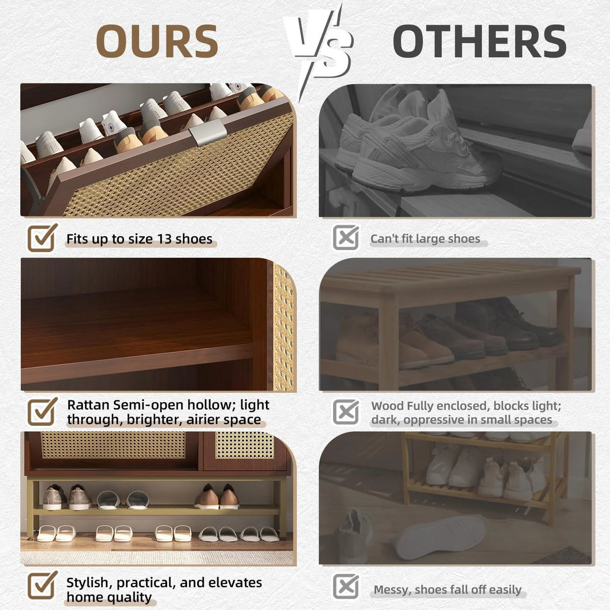AECOJOY Rattan Shoe Cabinet with 3 Flip Drawers, Free Standing Shoe Storage Organizer with Adjustable Shelves, Fits 13 Shoes